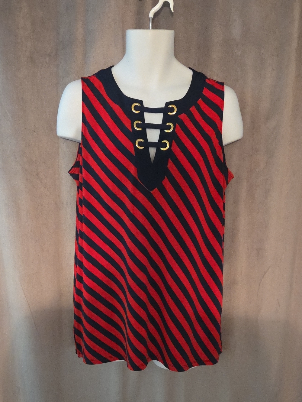 MICHAEL Michael Kors Size Large Red and Black Striped Lace-Up Tank